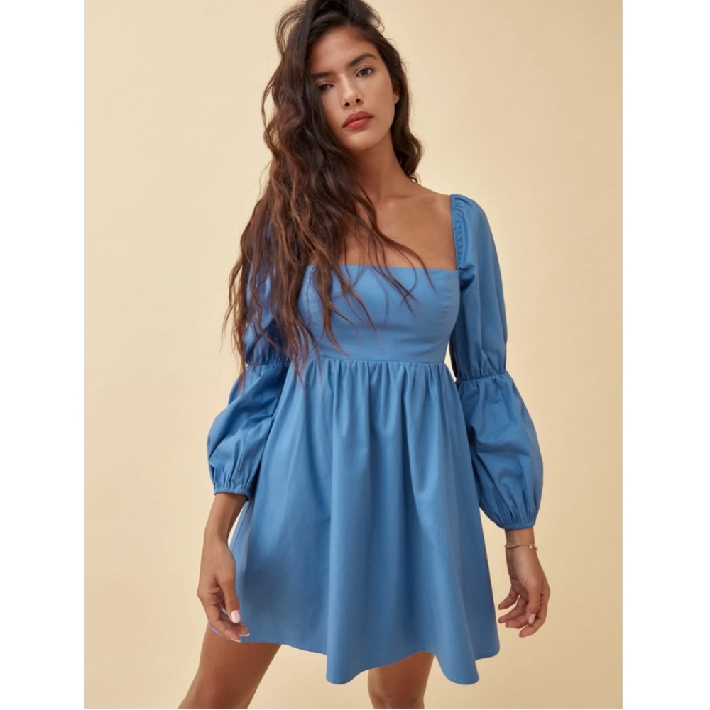 Reformation Michaela Cornflower Blue Square-Neck Puff Sleeve Mini Dress